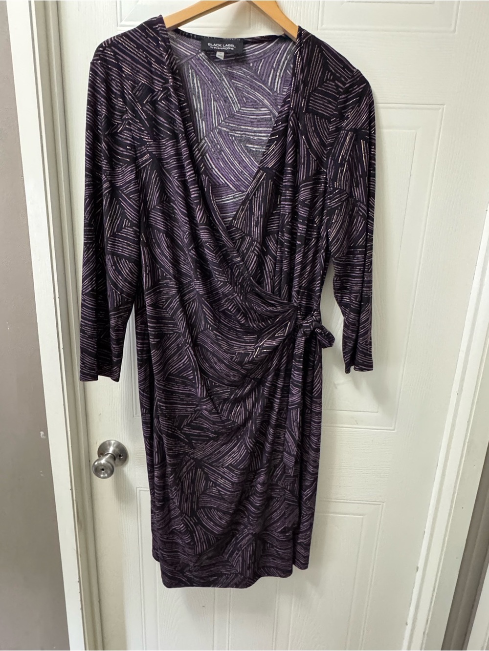 Black Label Purple Patterned Faux-Wrap Long Sleeve Dress